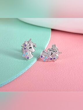 Silver Unicorn Head Stud Earrings, Multi-Colored Stones, Stainless Steel Post